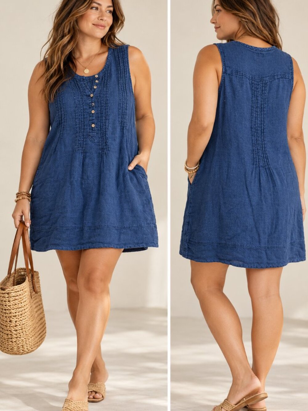 Faherty Isha Indigo Blue Linen Basketweave Mini Dress Size L